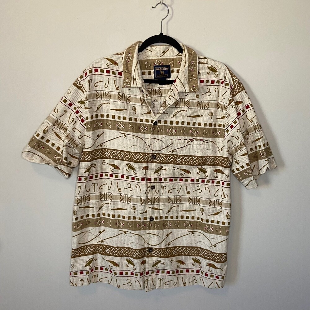 Woolrich Fishing Lure Novelty Print Camp Button Down Short Sleeve Shirt Medium